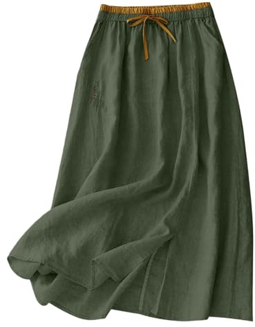 Jupe en Coton Et Lin Femme, Mi-Longue ÉTé Taille Haute Casual Légère et Respirante Rétro A-Line DéContractéE Ceinture Taille éLastique Bohême Ample Couleur Unie D'été Jupe Midi de Vacances Plage