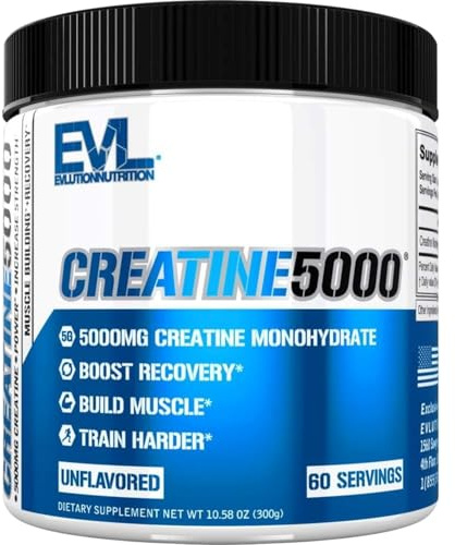 Evlution Nutrition Creatine 5000 - Supports Faster Recovery Lean Muscle Growth & Performance - Pre & Post Workout Powder - 5000mg Pure Creatine Monohydrate Per Serving - 60 Servings - Unflavored
