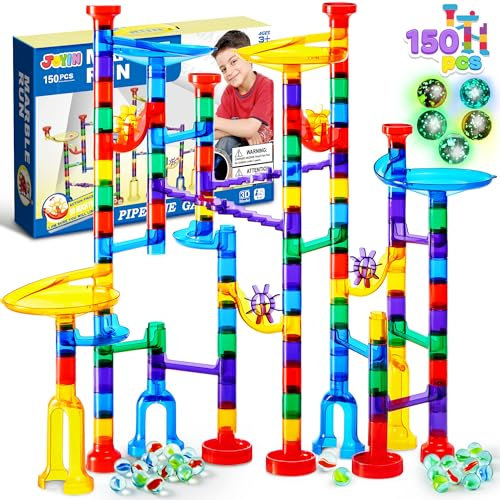 JOYIN 150 Pcs Marble Run Premium Set Age 3+, Construction Building Blocks Toys, STEM Learning Toy, Educational Building Block Toy(100 Translucent Plastic Pieces + 50 Glass Marbles)
