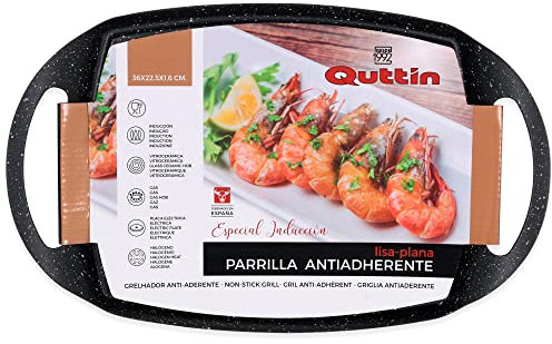 Quttin Sarten Parrilla Aluminio Antiadherente, Grill Asador con Plancha Lisa Para Todo Tipo de Cocina. Mango Plegable. Revestimiento Resistente y Duradero. No Raya. Medida 36x23 cm
