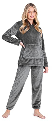 CityComfort Pyjamas Set for Women and Teens Fleece Hooded Long PJs Warm Loungewear Fluffy Nightwear Soft Cosy Sleepwear Gifts for Her (Charcoal, S)