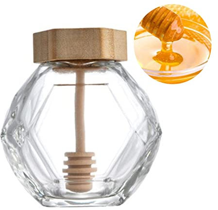 Yiyifor Dispensador de Miel,1 pcs Tarro para Miel con Cucharón de Madera Y Tapa de Corcho Juego de Tarros de Mermelada Transparente para Restaurante de Cocina Casera (Mini)