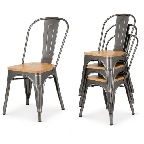 Kosmi Lot de 4 Chaises Industrielles Factory Métal Brut Gris et Bois Massif Clair – Empilables – Style Loft Vintage – Structure Acier Verni Aspect Brut – Salle à Manger, Cuisine, Restaurant, Café