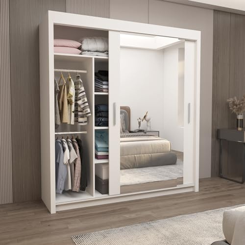 IE INTERIOR EMPORIUM Milan Full Mirror Double Sliding Door Wardrobe (or three in the 250cm size) With Shelves, Hanging Rails and LED Light in 6 Sizes & 4 Colors (150cm, White)