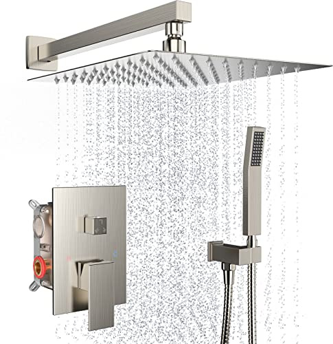 Duschsystem väggmonterad 25 cm dusch overhead för badrum, regndusch kombo set med handhållen spray, lyxig regnduschhuvud grov ventil och trim ingår (borstad nickel)