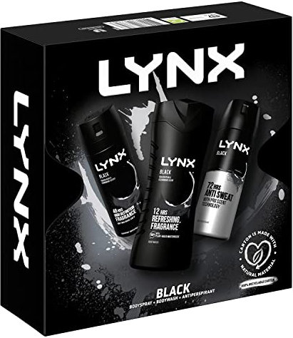 LYNX Black Trio Gift Set For Men Bodyspray 150 ml, Bodywash 225 ml & Antiperspirant 150 ml, Gift For Him, 3.0 count