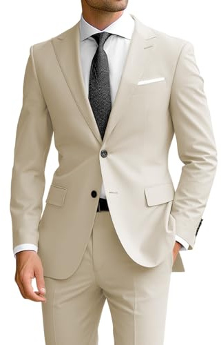 Wangyue Men's Beige Slim Fit 2 Piece Suit Formal Blazer Jacket Pants Wedding Suit Prom Tuxedo