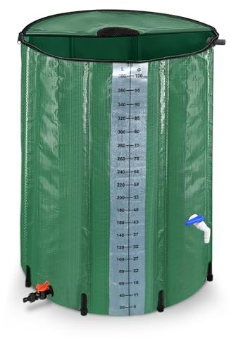 CEEDIR 380L Regentonne Faltbar Regenwassertonne Regenwasserfass Wasserspeicher Regenwassertank PVC Wassertank mit Ablassventil rostfrei und witterungsbeständig-Grün mit Messskala