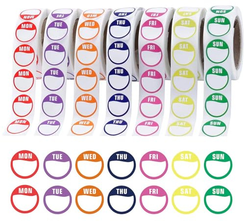 Days of The Week Stickers, 3500pcs Day Dots Food Labels Stickers Date Kitchen Label Sticker for Food Labeling (500 Labels Per Roll)