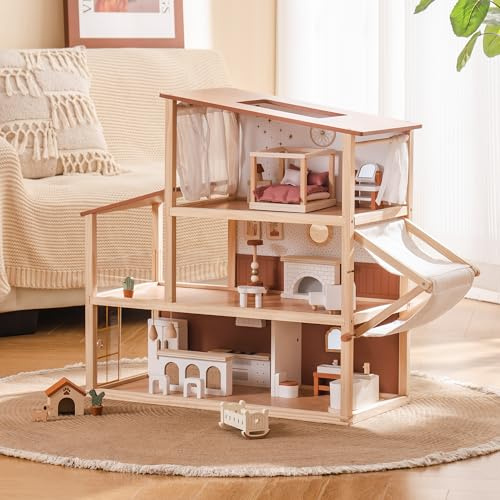 ROBOTIME Wooden Dollhouse, Doll House for Girls – 3-Story Bohemian Style Doll House with 37- Piece Furniture & Awning, Pretend Play Wooden Dollhouse Gift for Kids Ages 3+