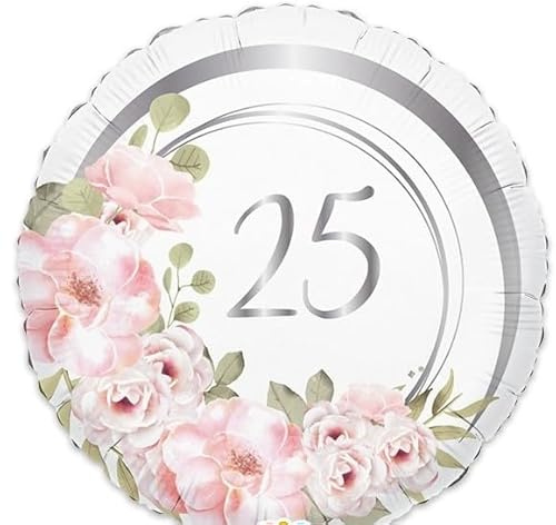 Pallone 25 Anniversario di Matrimonio - argento bianco con scritto stampa numero 25 - PALLONCINO in foil Mylar - 45CM - gonfiabile ad aria o elio - decorazione feste, party amore sposi FORNITO SGONFIO