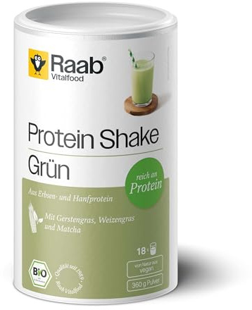 Raab Vitalfood® Bio Protein Shake Grün Pulver (360 g) - Grüner Smoothie mit Gerstengras, Weizengras, und Matcha, 60% Proteingehalt, Mischung aus Erbsen- und Hanfprotein, Vegan, Bio