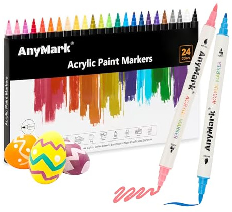 AnyMark 24 Färger Akrylfärgmarkers, Dubbelspets med Penselspets och Fin Spets, Premium Akrylfärgpennor för Sten, Trä, Kalligrafi, Glas, Stenmålning och DIY-Hantverk