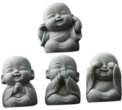 TOPPERFUN Juego de 4 figuras de Buda, mini estatuas de monje de piedra, pequeñas figuras decorativas grises para jardín, exterior y salón, talla de gres para meditación y Feng Shui, regalo