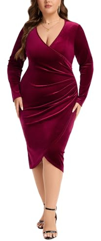 Kyzoeyou Women Plus Size Velvet Wrap Dress Ruched V Neck Long Sleeve Bodycon Dresses for Cocktail Holiday Evening Party Wedding(Red XX-Large)