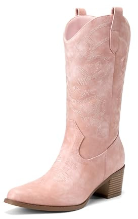 DREAM PAIRS Cowboy Boots for Women Cowgirl Western Boots Fashion Embroidery Stitched Chunky Heel Mid Calf Boots,Size 8,Light Pink,DWUMMB2504