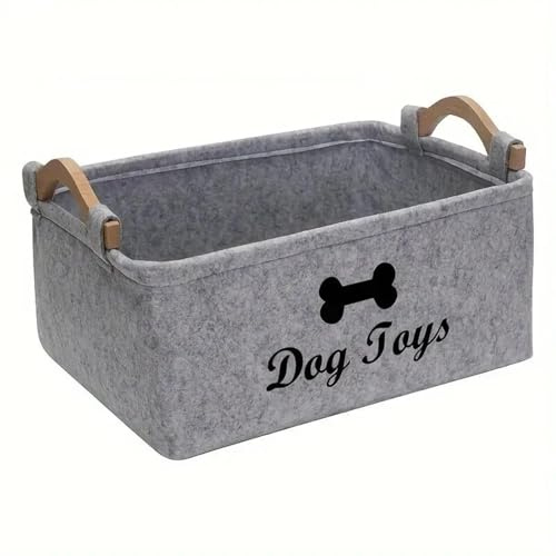 HUATEEN Personalised Dog Toy Storage Box,Large Grey Felt Toy Basket for Dogs Puppy Toy Organiser Pet Toy Storage Bin with Handles 38x25x18cm