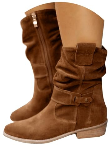 EQWIGKEIT Botines de vaquero para mujer con tacón de bloque botas ligeras de media altura de ante antideslizantes, estilo vintage, elegantes, A4 café, 40 EU