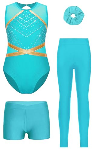 winying Ensemble de Sport Yoga Enfants Filles Unitard de Gymnastique Patinage Artistique Avec Shorts Leggings Couvre-chef Tenue Bleu Vert 13-14 ans