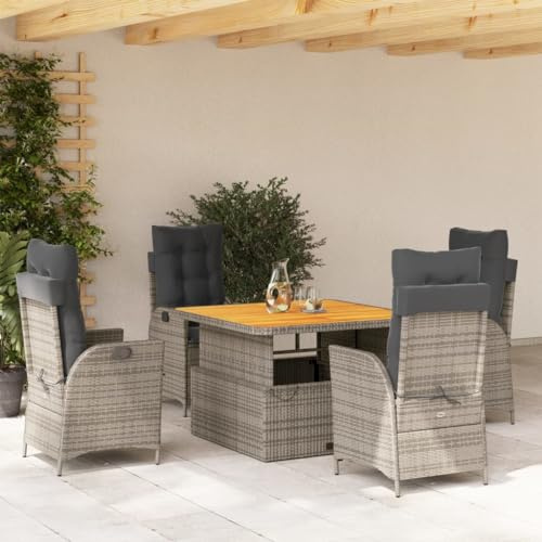 Frdhee Muebles de jardín Muebles de terraza Grupo de asientos, 5 TLG. Juego de comedor de jardín con cojín de ratán gris de poli, grupo de asientos al aire libre para balcón, terraza al aire libre