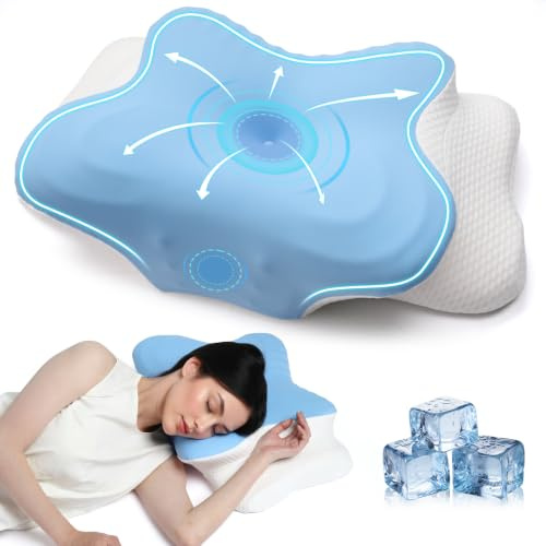 AmzHandler Almohada Cervicales y Cuello Viscoelastica, 2 en 1 Almohada Cervical Ergonómico Espuma de Memoria Almohadas Ortopedica para Soporte de Cabeza/Cuello/Hombro, 62x37x9/14cm, Azul