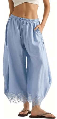 Generale Pantaloni Donna Corti Orlo Pizzo, Gamba Larga Vita Alta Coulisse, Pantalone Casual Estivo Mare con Tasche(Blue,S)