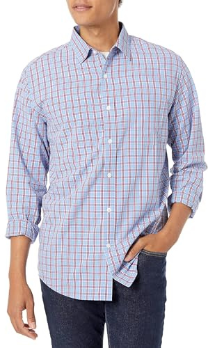 Amazon Essentials Men's Regular-Fit Long-Sleeve Casual Poplin Shirt, Light Blue Red Plaid, XX-Large