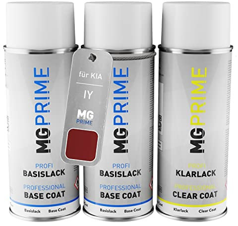 MG PRIME Autolack Sprühdosen Set für KIA IY Spicy Red Metallic/Lava Rot Metallic Grundlack Basislack Klarlack Spraydose 400ml