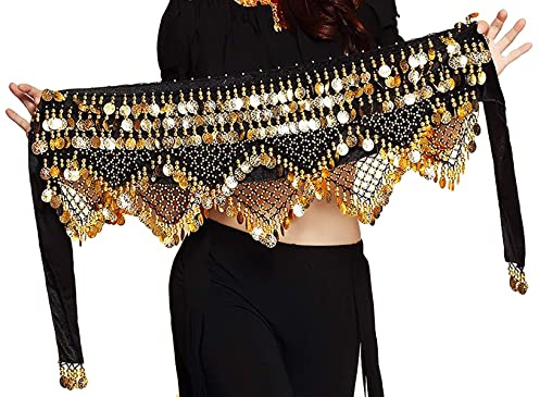 Pañuelo de cadera para danza del vientre para mujer S/M/L/XL, Negro dorado, S-M