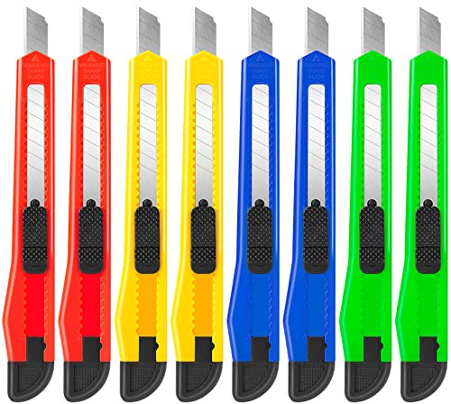 8 Pack Utility Knife Box Cutters (9mm Wide Blade Cutter 4 Colors) Box Cutter Retractable, Compact Utility Knives, Extended Use for Office, Craft, Razor Knife, Paper Knife, Disposable Box Opener
