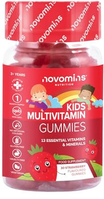 Multivitaminas Niños - 30 Gominolas - Vitaminas Niños con Vitamina C, D, A, E, B12, Zinc, Inositol - Vegano - Multivitaminas Sabor Fresa - Sin Gluten Multivitaminico - Novomins