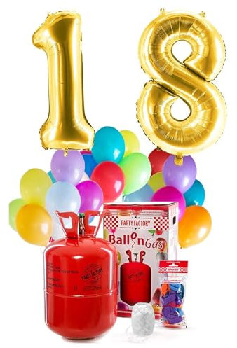 PARTY FACTORY Helium Geburtstags-Komplettset 18 - mit XXL Zahlenballons, 0,4m³ Ballongas, Ballonschnur & 30 bunten Latexballons - für Geburtstag, Jubiläum, Jahrestag in verschiedenen Farben (Gold)