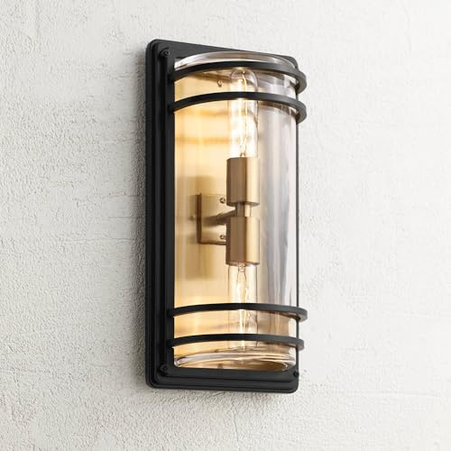 John Timberland Habitat Modern Outdoor Wall Light Fixture Black Brass 2-Light Downlight Uplight 16 Clear Glass for Exterior House Porch Patio Outside Deck Garage Yard Front Door Garden Home