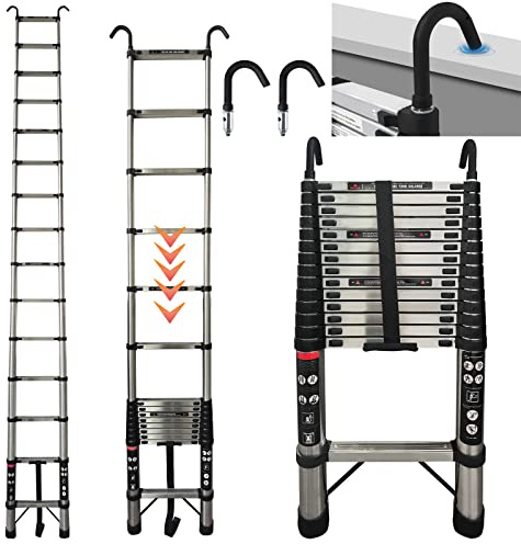 Telescopic Ladder 4.4M Multi-Purpose Stainless Steel Telescoping Ladder with 2 Ladder Hooks, 14 Steps Foldable Loft Ladder Extension Extend Portable Ladder, Folding Ladders for Home, Max Load 330Lbs