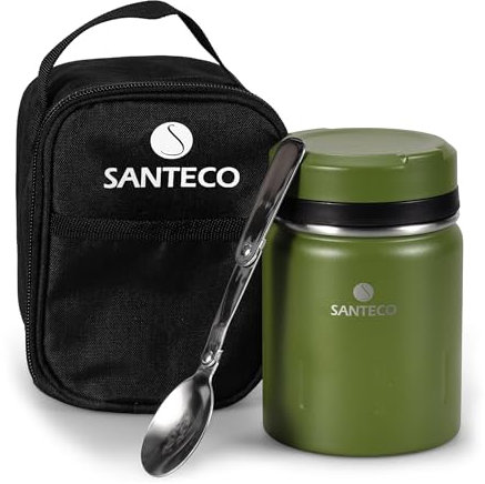 SANTECO Thermobehälter für Essen 500ml, 18/8 Edelstahl Warmhaltebehälter Speisegefäß für Essen mit Löffel und tragbaren Isolierbeutel, 24 Stunden Kalt (grün)
