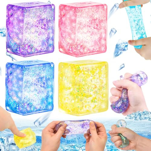 4 Stück Anti Stress Würfel, Ice Doh Cube Squishy Fidget Toy, Kids Sensory Toys for Anxiety Relief, Sensory Squeeze Toy Stressabbau Erwachsene und Stressball Kinder (A)