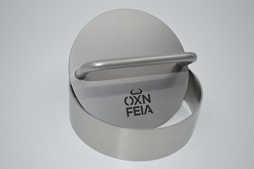 Oxnfeia® Burgerpresse Edelstahl 2-teiliges Set mit Holzbox - Hamburgerpresse mit Branding ideal für gleichmäßig geformte Patties und Grillgenuss - nachhaltig, spülmaschinenfest & rostfrei, ⌀11 cm