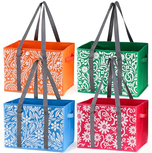yarlung 4 Pack Reusable Grocery Bags, Collapsible Large Storage Box Bag with Reinforced Bottom and Handle, Heavy Duty Foldable Shopping Tote Bags for Groceries, Clothes, Toys Organizer