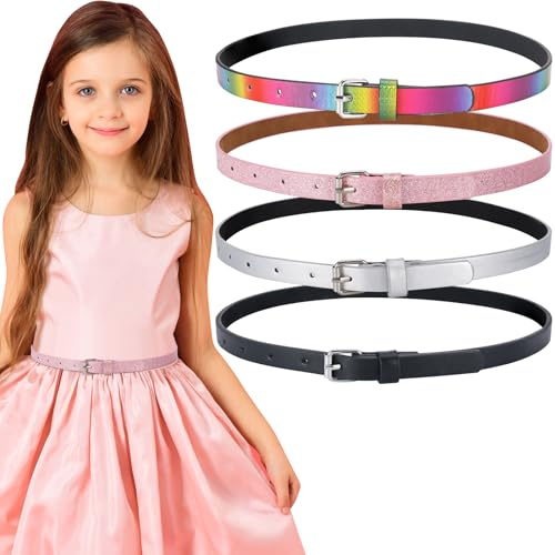 Zuimei 4Pcs Thin Belt for Girls, Adjustable Fashion Kids Glitter Cute Shiny PU Leather Waist Belt for Girls and Boys