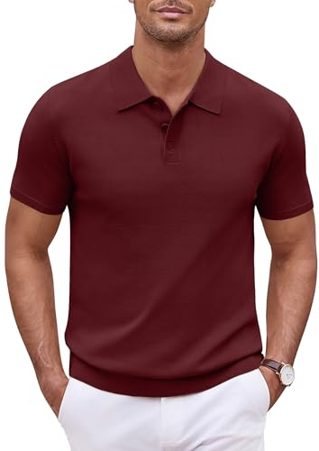 COOFANDY Suéter Polo Masculino suéter de Golf de Manga Corta suéter de Verano de Ajuste Regular Vino Tinto L