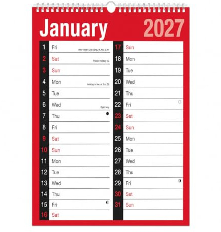 2027 A4 Wall Calendar 2 Column Month to View Spiral Bound Planner