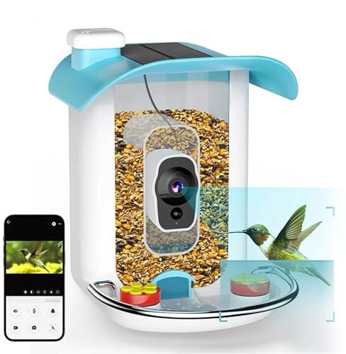 Smart Fågelmatare med Kamera, AI Identifiera Fågelarter, 2MP HD 1080P Bred ängel, Soldriven, Vattentät Kapacitet på 2,5 Liter, WiFi, APP-kontroll, PIR-sensor, för Fågelälskare