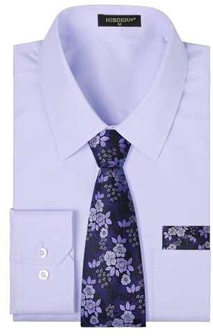 HISDERN Men's Dress Shirts Long Sleeve Formal Plain Shirt and Tie Set Button Down Business Wedding Shirts with Pocket Regular Fit S-XXL