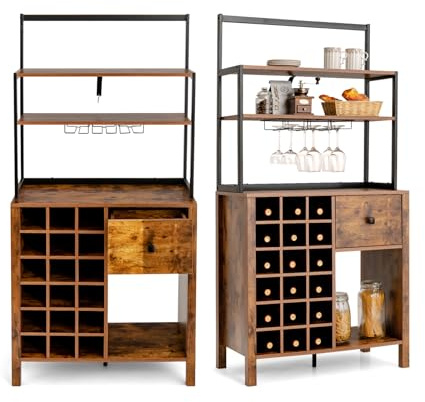 KOMFOTTEU Mueble de Cocina para Vino, Armario de Bar para 18 Botellas con Soporte para Copas, Armario Buffet con Cajón y Estantes Abiertos, Soporte para Microondas para Comedor, 74 x 40 x 160 cm