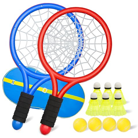Kids Tennis Rackets, 15 Inch Tennis Racket Set with 4 Soft Balls and 6 Shuttlecocks for Kids And Toddler Outdoor/Indoor Sport Play (Red and blue)