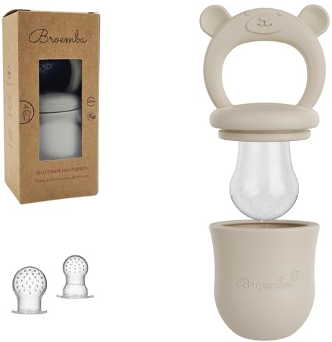 Broemba Fruchtsauger Baby & 3 Schnuller - Beiger 100% Silikon Nahrungsschnuller mit Beißring - Fruchtschnuller für Obst, Gemüse & Babynahrung - BPA-frei