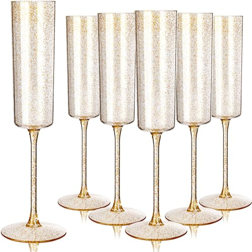 YOUBET 24 Pack Plastic Champagne Flutes - 6 Oz Gold Glitter Disposable Champagne Glasses - Square Plastic Wine Cups Wedding Toasting for Party Birthday Anniversary