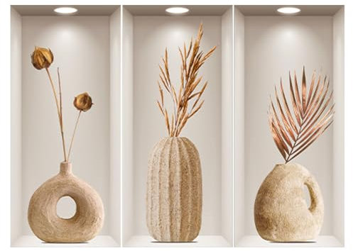 SanKristo 3D Plant Vase Wall Stickers 3 PCS, Self Adhesive Realistic Wall Art Stickers Room Wall Decoration Wallpaper Vase Wall Decal, for Living Bedroom Kitchen Bathroom Wall Decor, 50 X 23CM