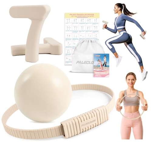 Paleclouds Pilates Ring Set, Pilates Essential Kit with Pilates Ring and Ball, 2.2lb *2 Ergonomic 7-Shaped Dumbbells, Portable Bag & Training Poster, at Home Workouts Pilates Sets for Women (Beige)