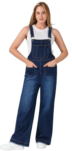 roswear Women’s Denim Overalls Loose Fit Stretchy Baggy Overall Bib Wide Leg Casual Jean Jumpsuits Classic Blue X-Large